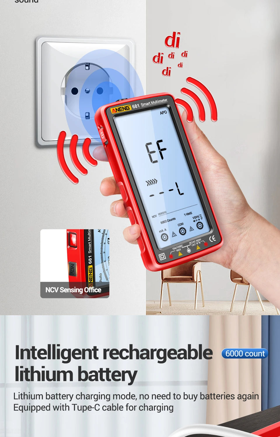 ANENG 681 Digitale Multimeter met Oplaadbare Non-contact Spanningstest