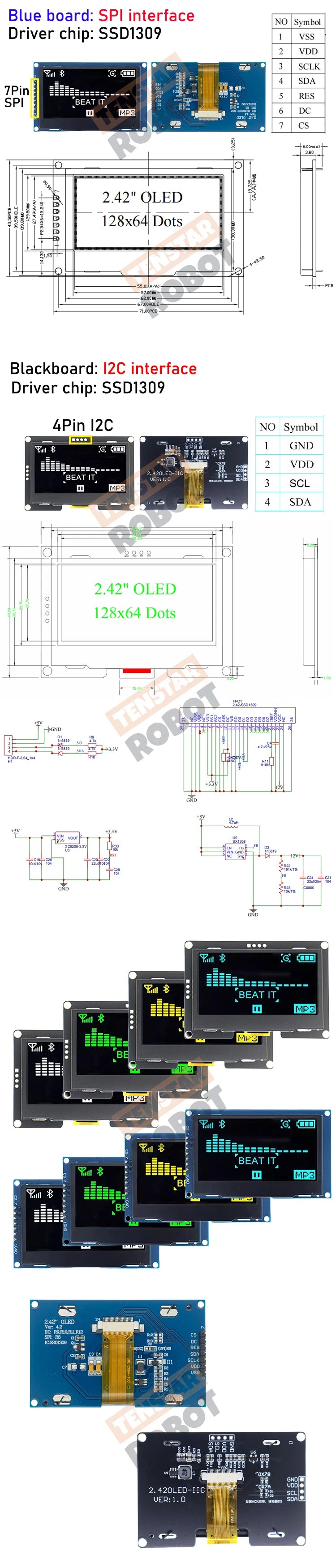 2,4" OLED Display Module SSD1309 128x64 met IIC I2C SPI Interface